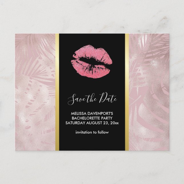Pink Glitter Lips & Rose Gold Tropical Leaves Postcard (Front)
