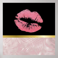 Pink Glitter Lips & Rose Gold Tropical Leaves