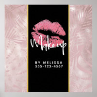 Pink Glitter Lips & Rose Gold Tropical Leaves