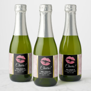 Pink Glitter Lips & Rose Gold Tropical Leaves Sparkling Wine Label