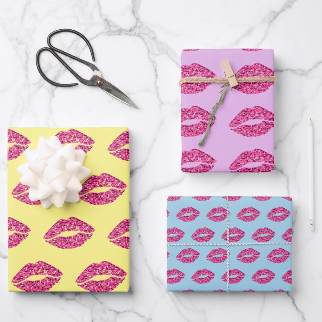 Pink Glitter Lips Wrapping Paper Sheet (Front)