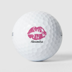 Pink Glitter Lipstick Girly Kiss Customized Name Golf Balls
