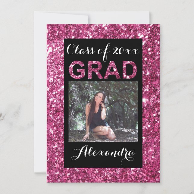 Pink Glitter-Look 1 Photo Graduation Invitation (Front)