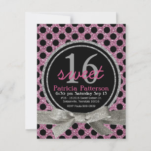 Pink  Glitter Look Polka Dot Sweet 16 Invitation