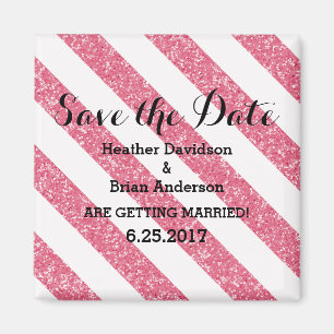 Pink Glitter Look Stripes Save the Date Magnet
