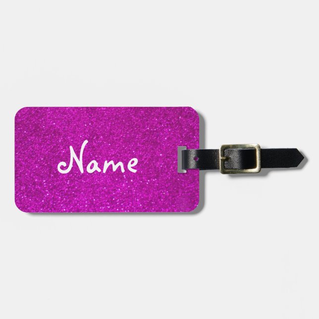 Pink glitter luggage tag with faux shiny glimmers (Front Horizontal)