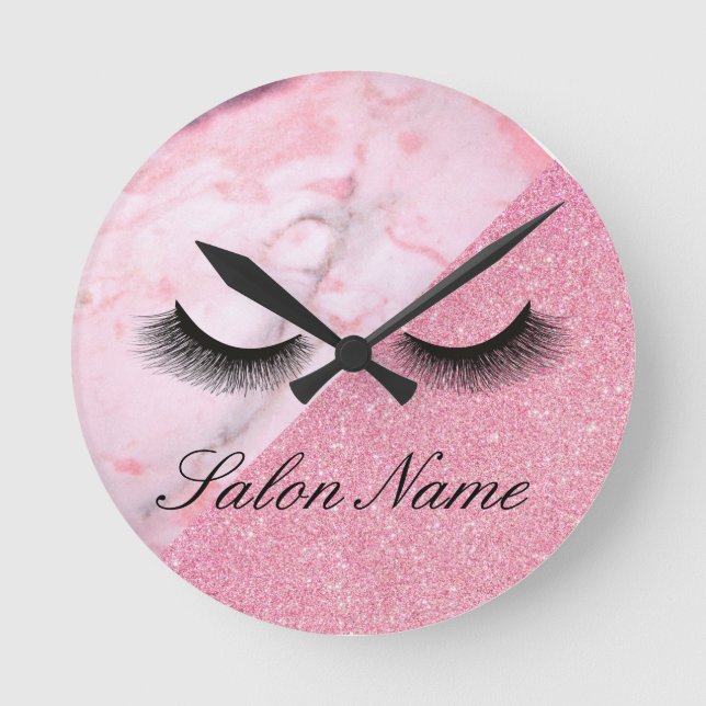 Pink, Glitter, Marble, Stylist, Salon Round Clock (Front)