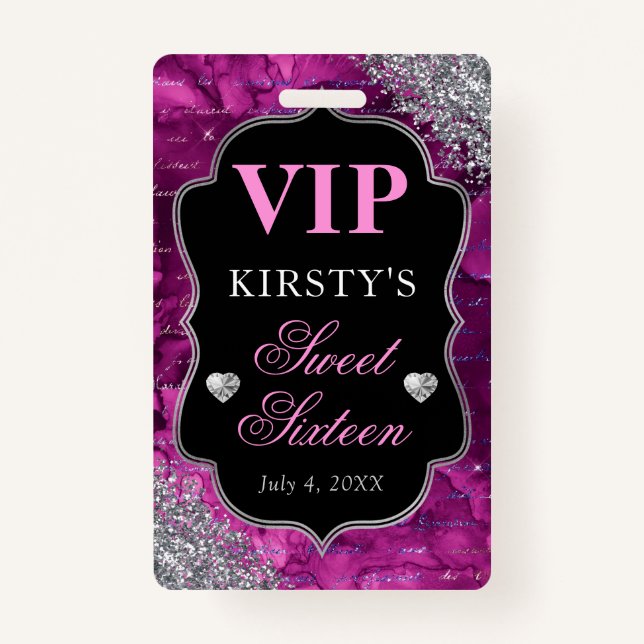 Pink Glitter Mermaid Letters Sweet Sixteen VIP Badge (Front)