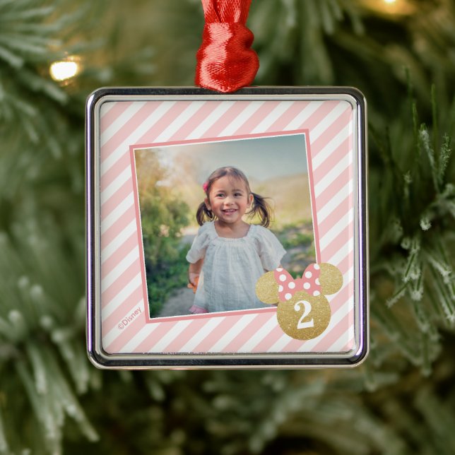 Pink Glitter Minnie Icon with Photo Metal Ornament (Tree)