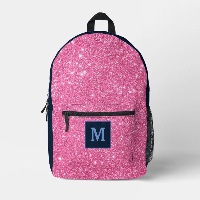 Pink Glitter Modern Monogram Name Custom  Printed Backpack (Front)