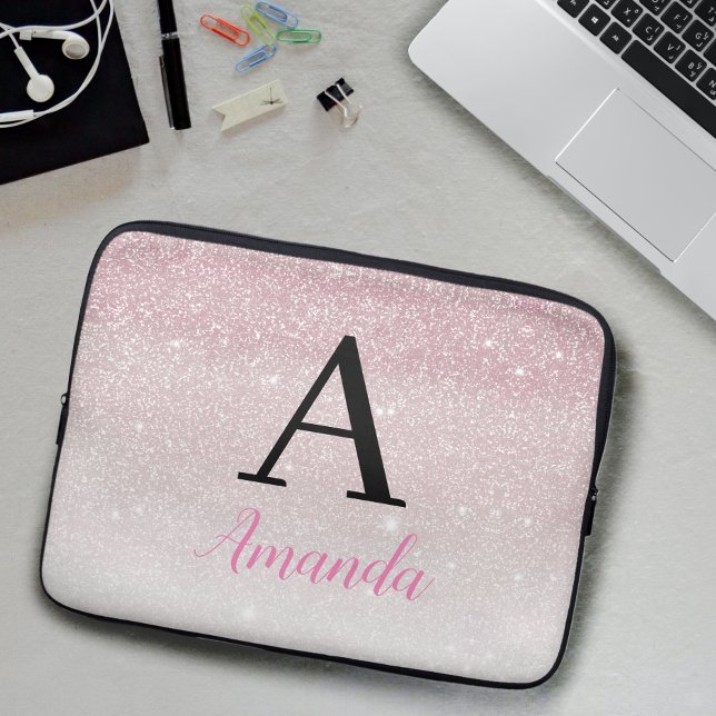  Pink Glitter Monogram Add Your Name + Initial Laptop Sleeve (Creator Uploaded)