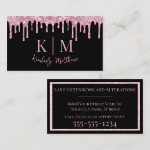 Pink Glitter Monogram Initials on Black Business Card