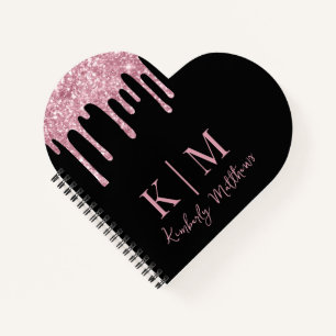 Pink Glitter Monogram Initials on Black Notebook