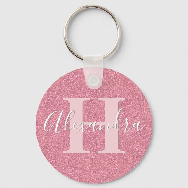 Pink glitter monogram name keychain (Front)