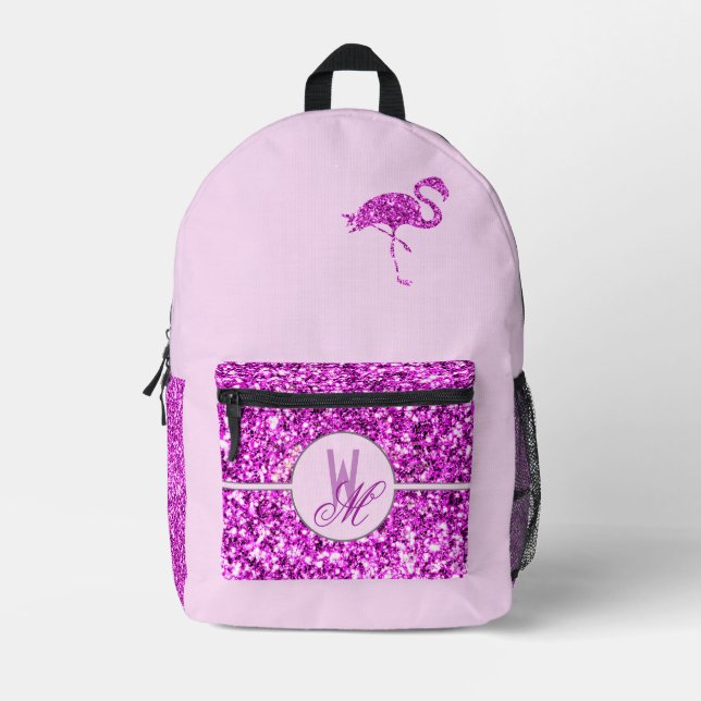Pink glitter Monogrammed Backpack with Flamingo (Front)