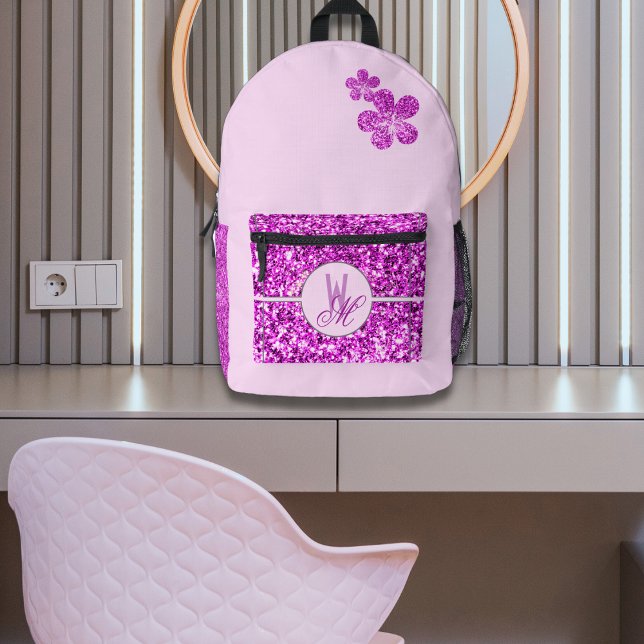 Pink glitter Monogrammed with Flowers Printed Backpack (Creator Uploaded)