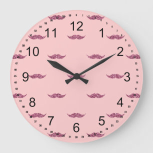 Pink Glitter Moustaches Large Clock