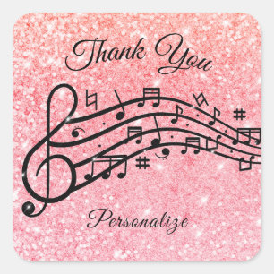 Pink Glitter Music Thank You Personalized Design Square Sticker