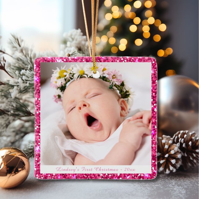 Pink Glitter My First Christmas Photo Keepsake Ceramic Ornament (Creator Uploaded)