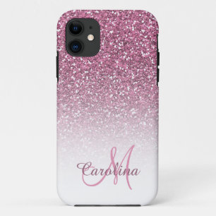 Pink Glitter, Name and Monogram, Girly iPhone 11 Case
