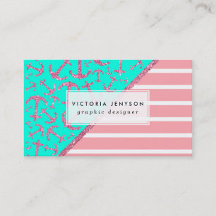 Pink Glitter Nautical Anchors Turquoise Stripes Business Card