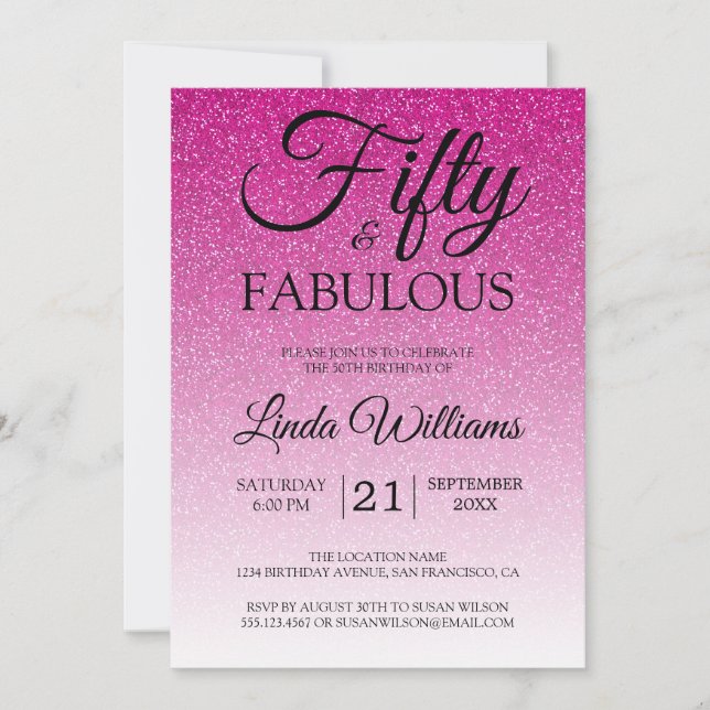 Pink Glitter Ombre 50 and FABULOUS 50th Birthday Invitation (Front)