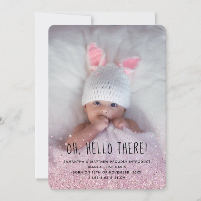 Pink Glitter Ombre Photo Birth Announcement (Front)