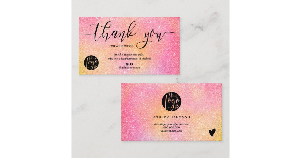 Pink glitter ombre script logo order thank you business card | Zazzle