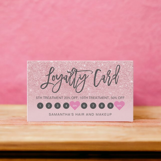 Pink glitter ombre script makeup girly 10 loyalty card (Pink glitter ombre script makeup girly 10 loyalty card)