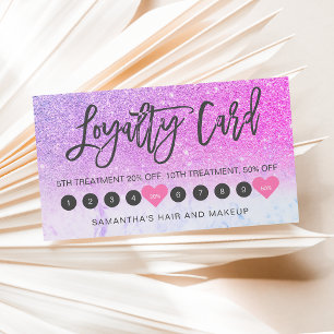 Pink glitter ombre script makeup purple marble 10 loyalty card