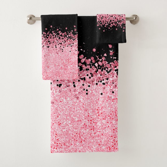 Pink Glitter on Black Bath Towel Set (Insitu)