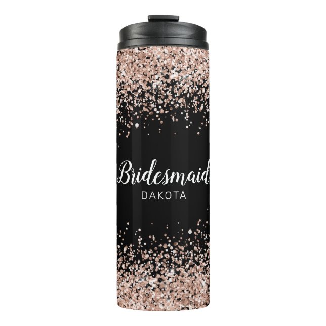 Pink Glitter on Black Bridesmaid Name Thermal Tumbler (Front)