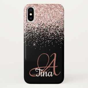 Pink Glitter on Black Monogram First Name Case-Mate iPhone Case