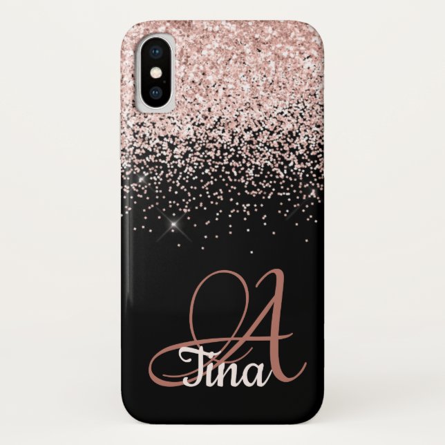 Pink Glitter on Black Monogram First Name Case-Mate iPhone Case (Back)