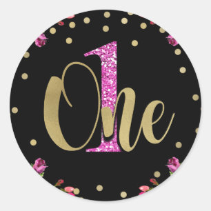 Pink Glitter ONE Black Floral 1st Birthday Party Classic Round Sticker