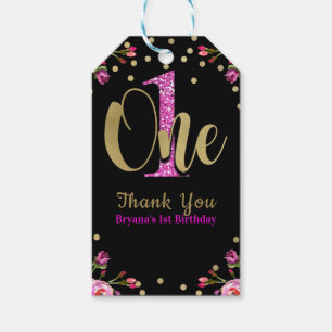 Pink Glitter ONE Black Floral 1st Birthday Party Gift Tags