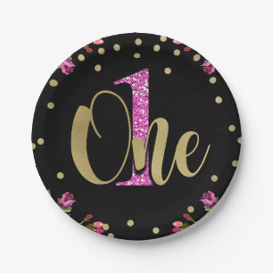Pink Glitter ONE Black Floral 1st Birthday Party Paper Plate
