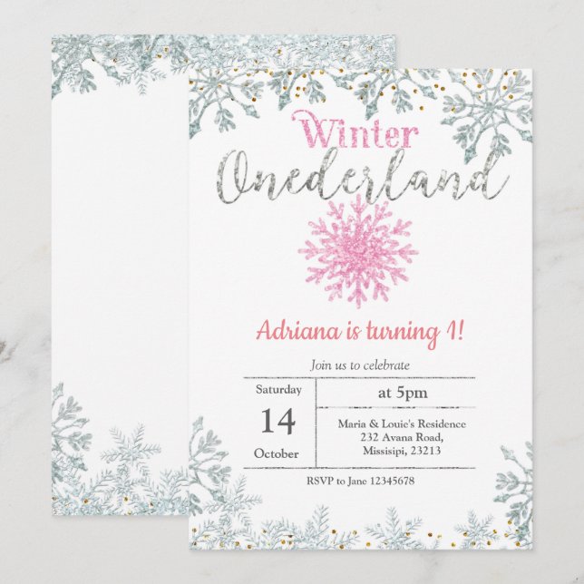 Pink Glitter Onederland Birthday Invitation (Front/Back)