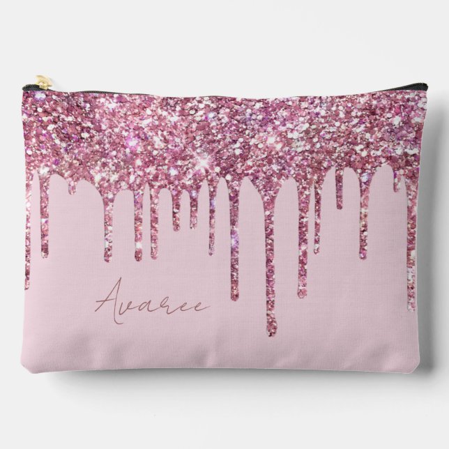 Pink Glitter Paint Drips Personalized Accessory Pouch (Front)