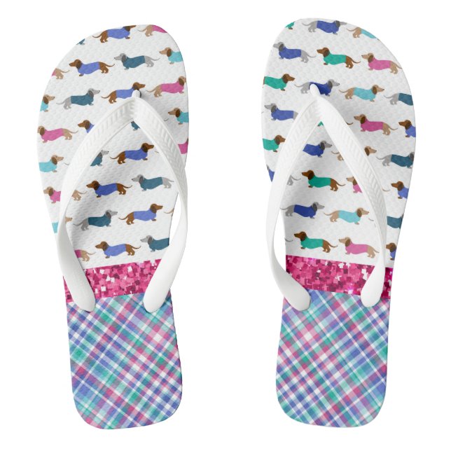 Pink Glitter Pastel Dachshund Flip Flops (Footbed)