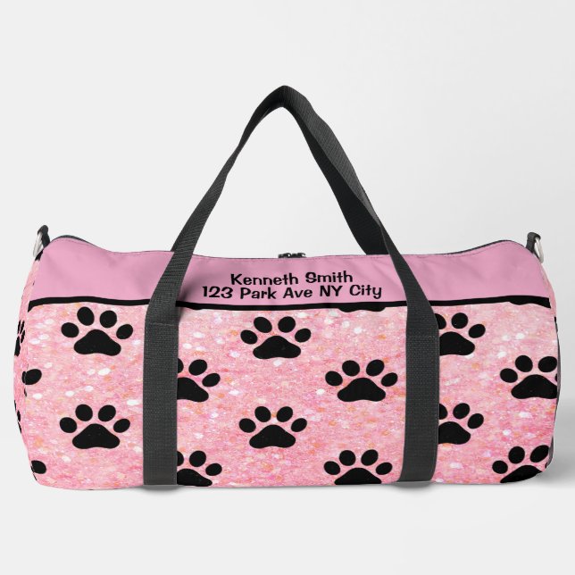 Pink Glitter Paw Print Pet monogram personalize Duffle Bag (Front)