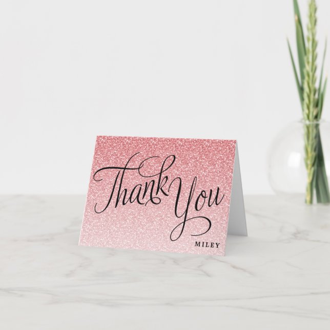 Pink Glitter Personalized Fancy Script Thank You Card (Front)