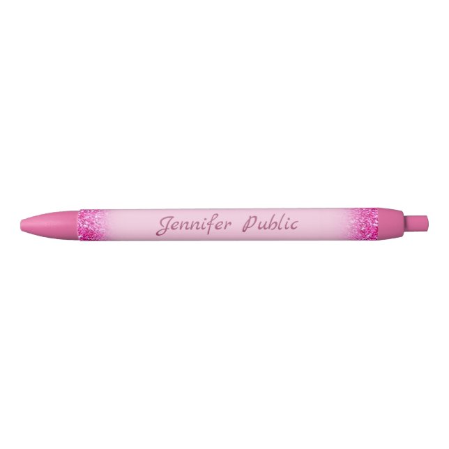 Pink Glitter Personalized Script Name Template Black Ink Pen (Front)