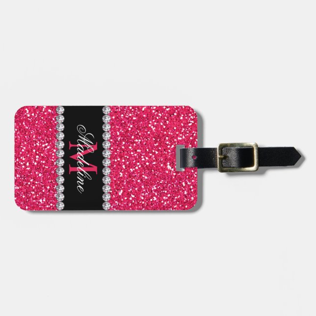 Pink Glitter, Personalized with Name & Monogram Luggage Tag (Front Horizontal)