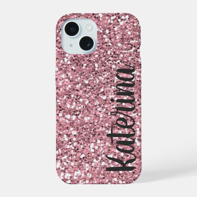 Pink Glitter Personalized with Your Name. iPhone 15 Case (Back)