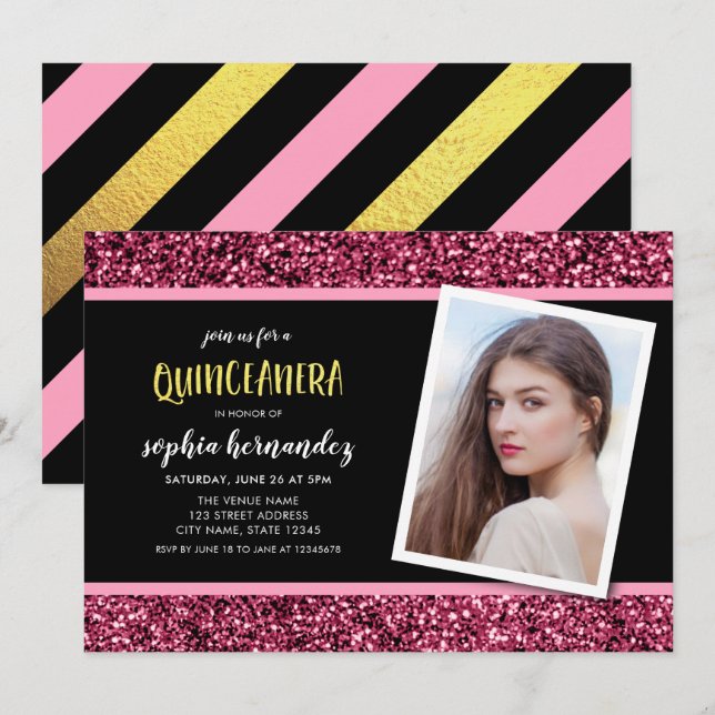Pink Glitter Photo Quinceanera Invitation (Front/Back)