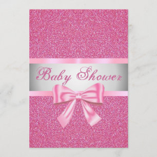 Pink Glitter Pink Bow Baby Shower Invitation