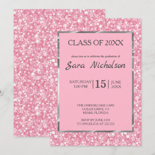 Pink Glitter Pink-Silver Frame Invitation