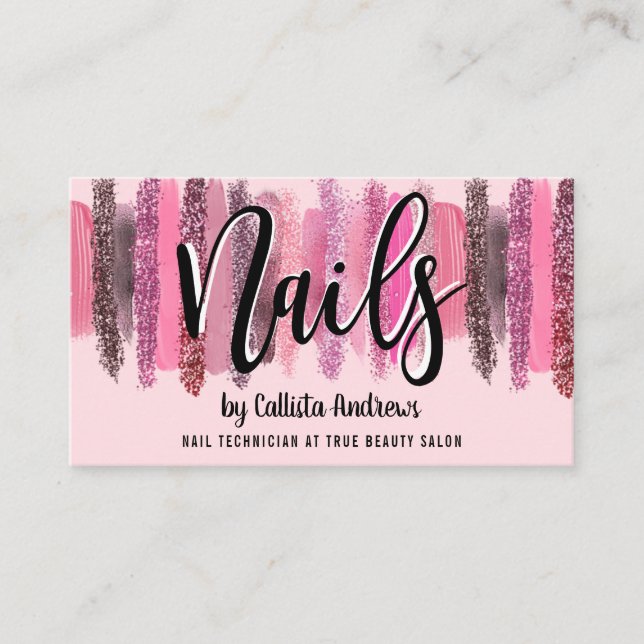 Pink Glitter Polish Brushstrokes Nail Technician B Business Card (Front)