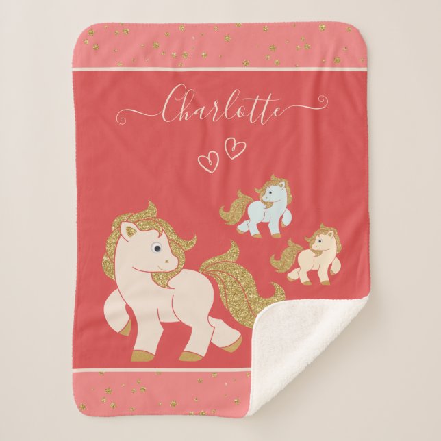 Pink Glitter Ponies with First Name Baby Girl Sherpa Blanket (Front)